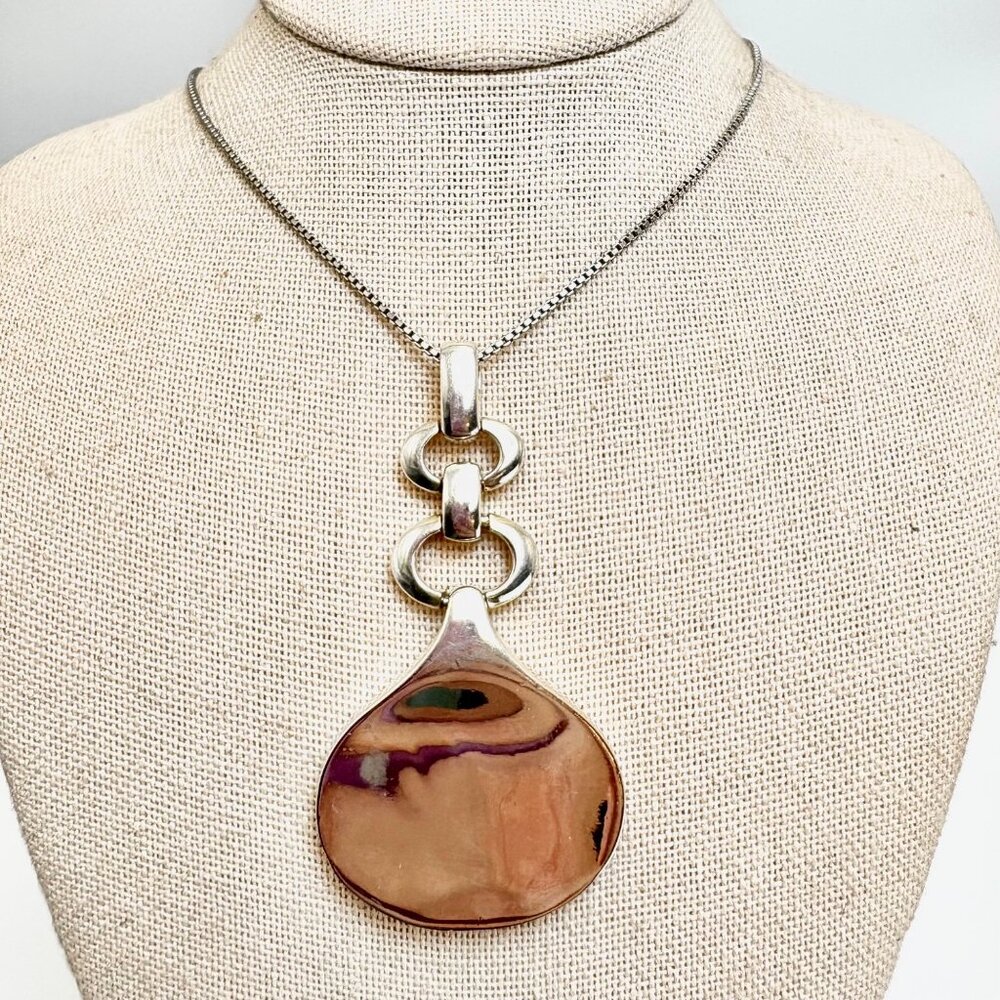 VTG Sterling Silver 925 Chunky Drop Shape Pendant Ruby Accent Bold 18" Chain